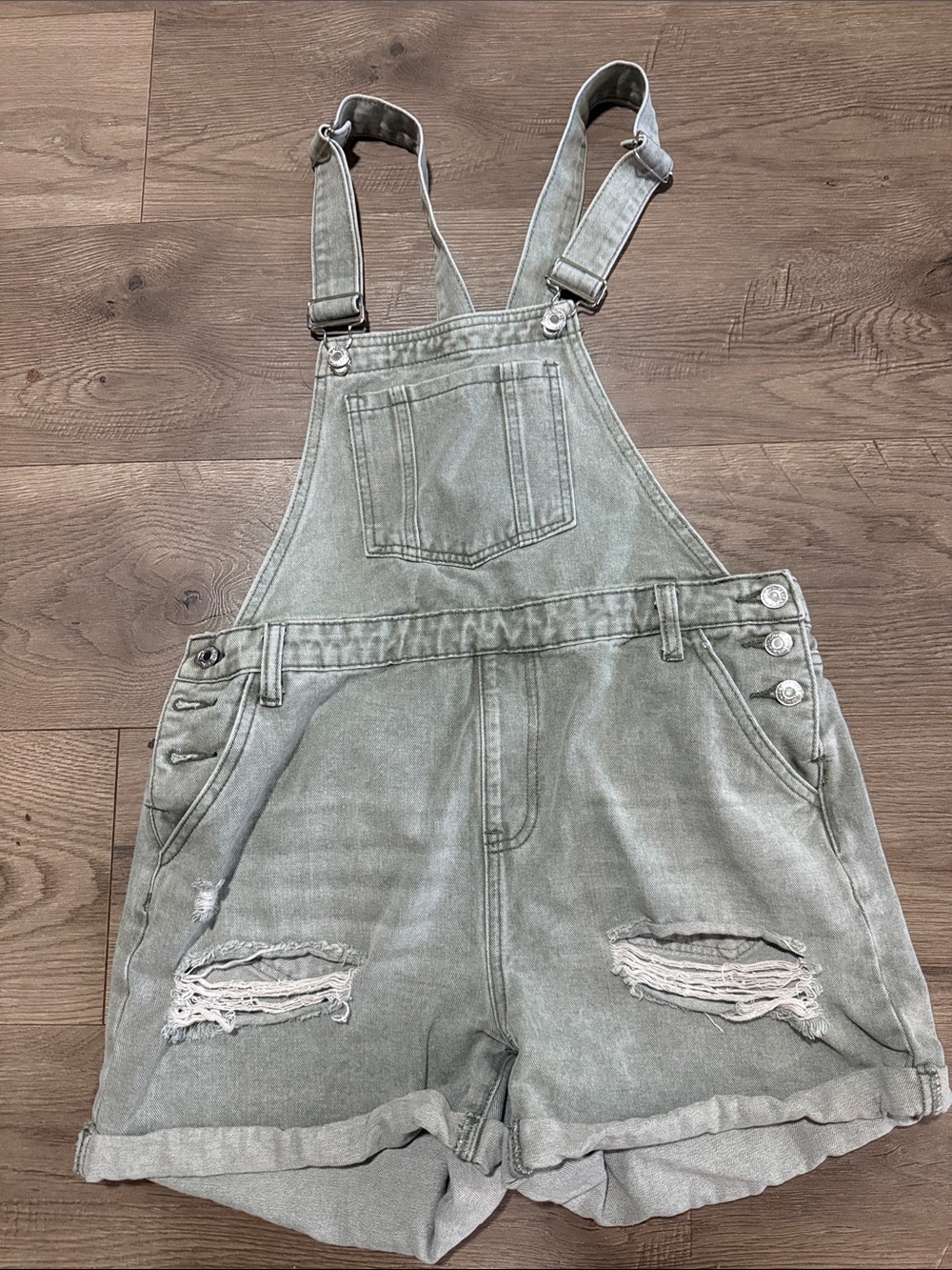 SHEIN Distressed Light Green Denim Short Overalls